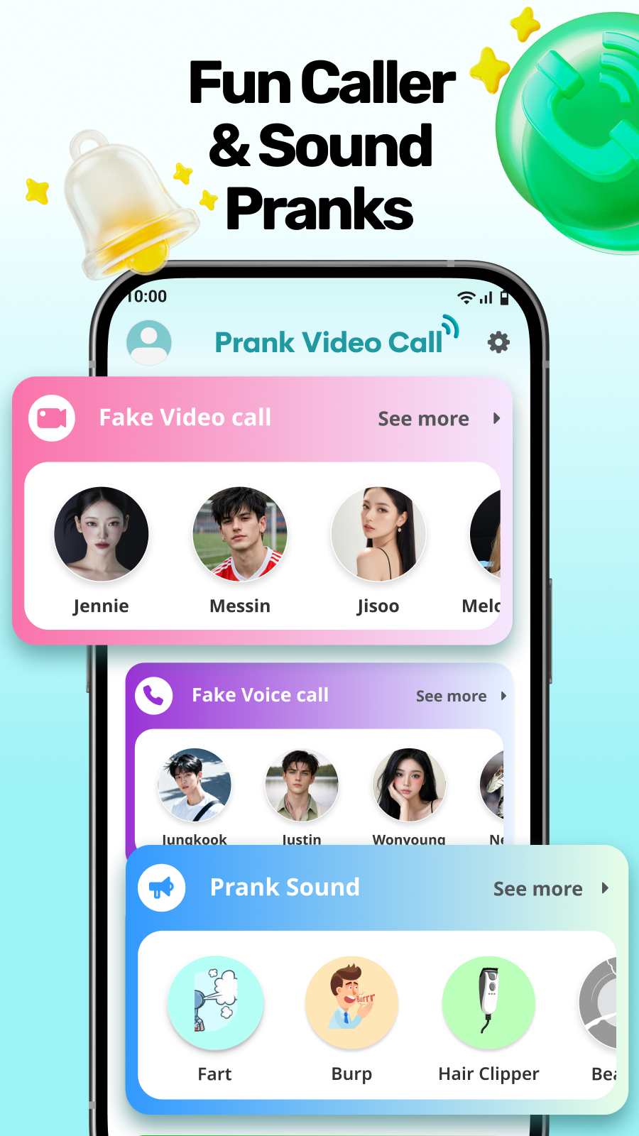Fake video call, voice call and prank sound menu